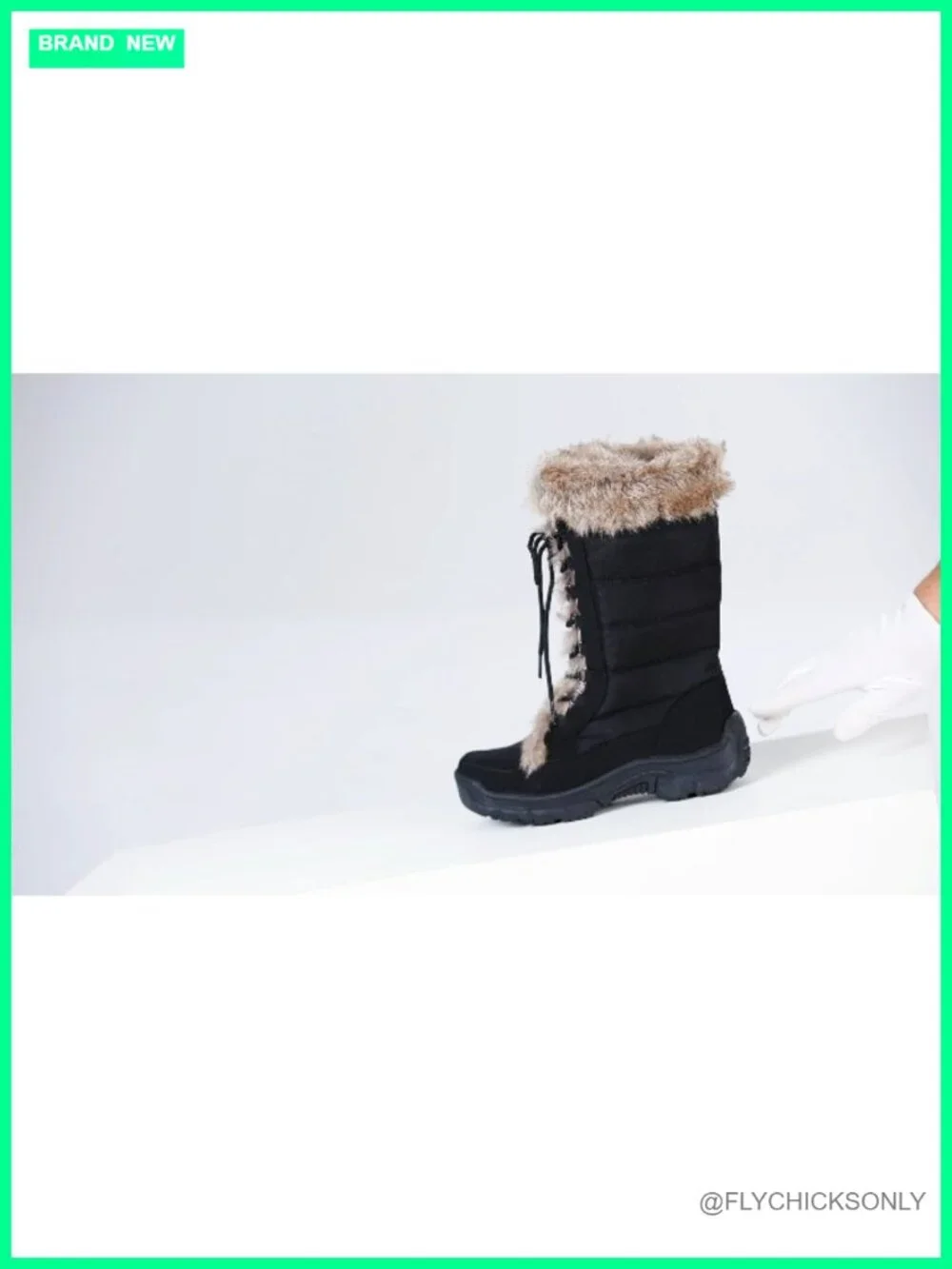 Women's Black Snow Boots Fur Cuff Mid-Calf Waterproof Lace Up Winter